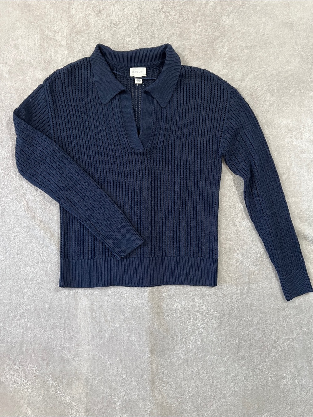Caslon Navy Ribbed Collared V-Neck Sweater